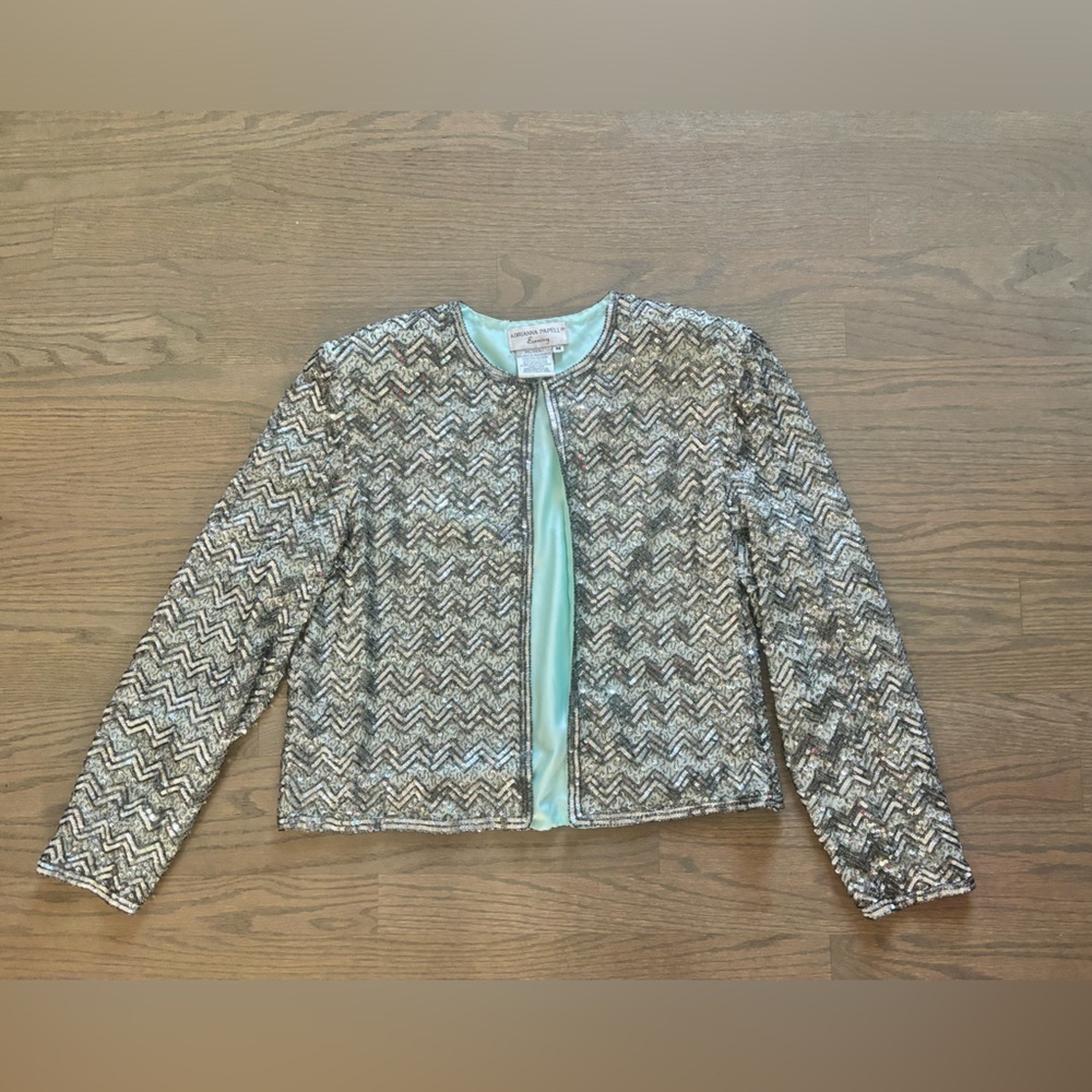 Vintage Adrianna Papell silk beaded sequin cropped jacket turquoise silver Med